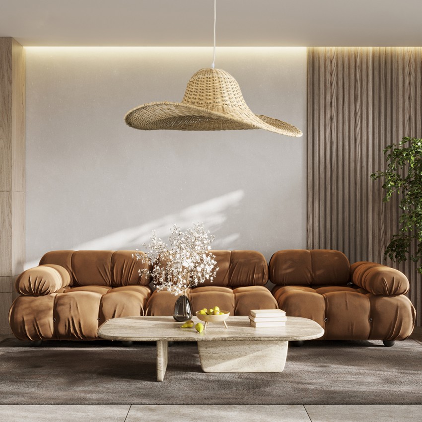 ESPARGOS  Boho Κρεμαστό Φωτιστικό Πλέγμα Μονόφωτο 1 x E27 IP20 Μπεζ Ξύλο - Μ70 x Π70 x Υ35cm