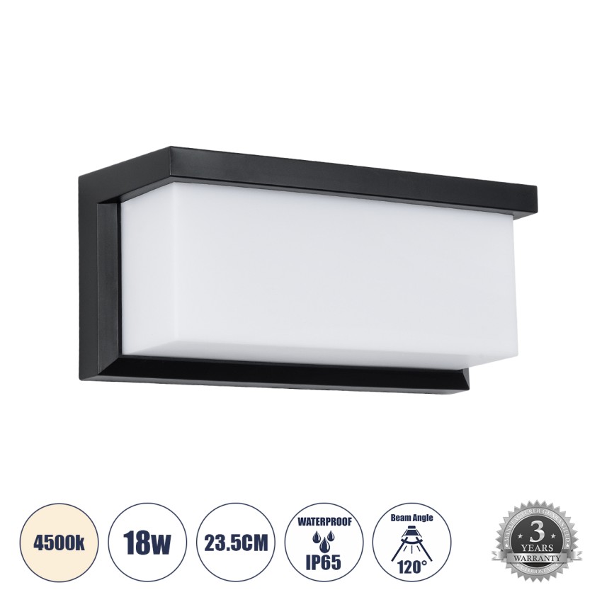 GLOBOSTAR® CITYSCAPE  Μοντέρνο Φωτιστικό Τοίχου - Απλίκα LED 18W 1890lm 120° AC 220-240V Αδιάβροχο IP65 Φυσικό Λευκό 4500K - Bridgelux SMD Chip - Μαύρο Ματ - Μ23.5 x Π11 x Υ10cm