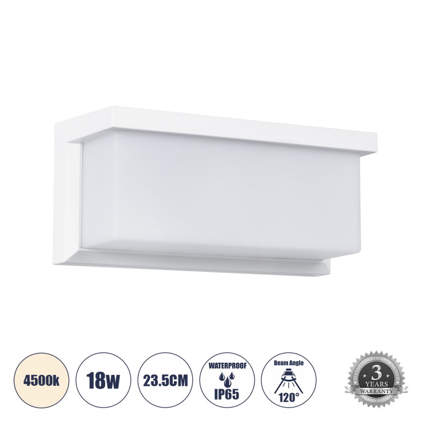 GLOBOSTAR® CITYSCAPE  Μοντέρνο Φωτιστικό Τοίχου - Απλίκα LED 18W 1890lm 120° AC 220-240V Αδιάβροχο IP65 Φυσικό Λευκό 4500K - Bridgelux SMD Chip - Λευκό Ματ - Μ23.5 x Π11 x Υ10cm
