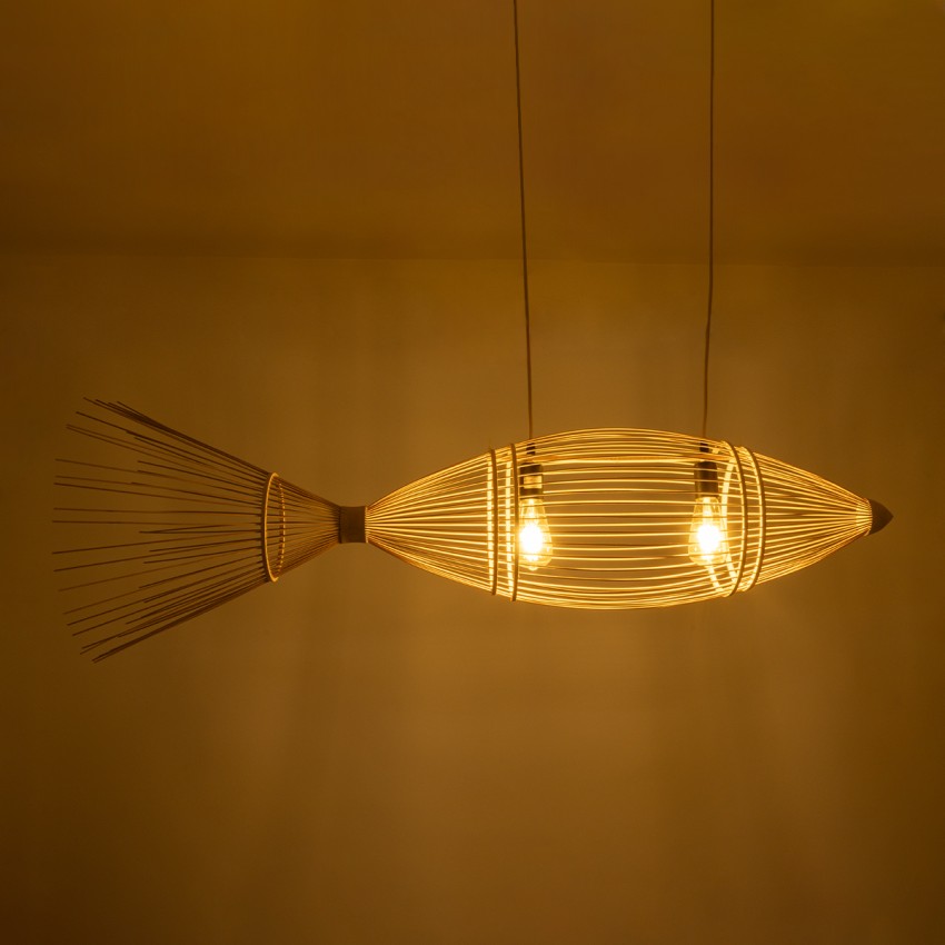 FISH  Μοντέρνο Κρεμαστό Φωτιστικό Πλέγμα Δίφωτο 2 x E27 IP20 Μπεζ Ξύλο - Μ130 x Π42 x Υ42cm