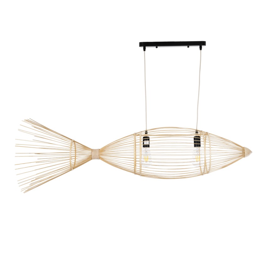 FISH  Μοντέρνο Κρεμαστό Φωτιστικό Πλέγμα Δίφωτο 2 x E27 IP20 Μπεζ Ξύλο - Μ130 x Π42 x Υ42cm