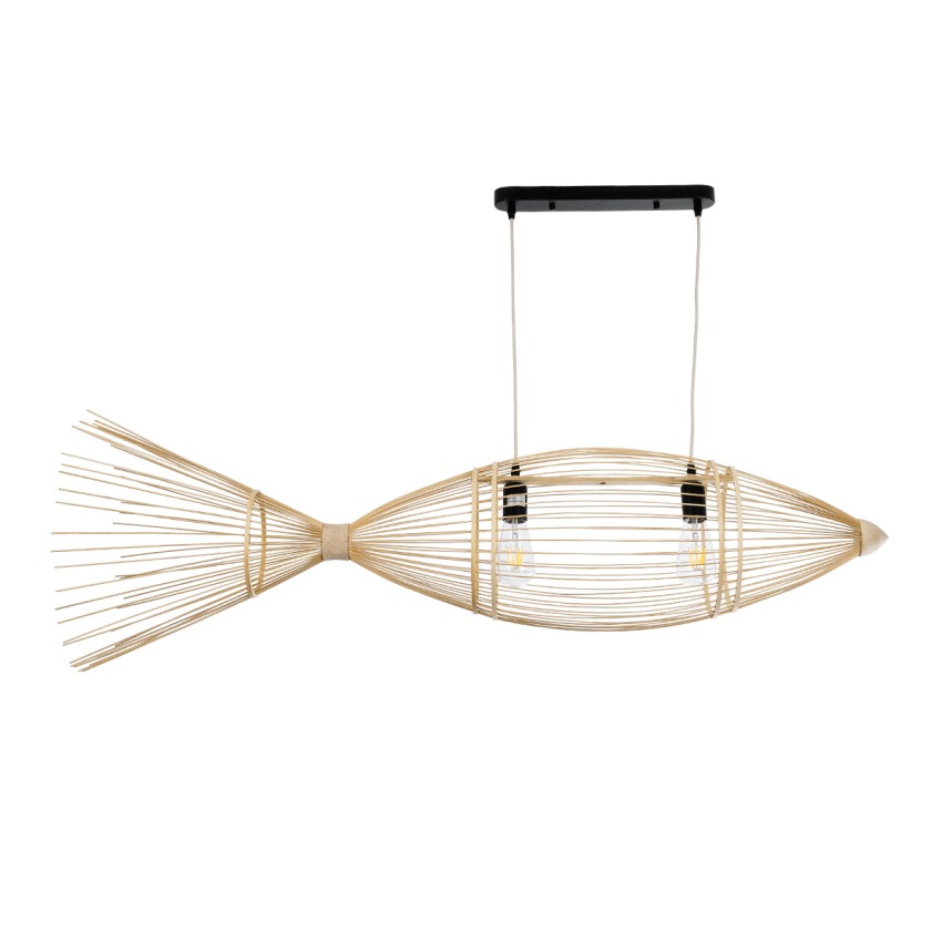 FISH  Μοντέρνο Κρεμαστό Φωτιστικό Πλέγμα Δίφωτο 2 x E27 IP20 Μπεζ Ξύλο - Μ130 x Π42 x Υ42cm