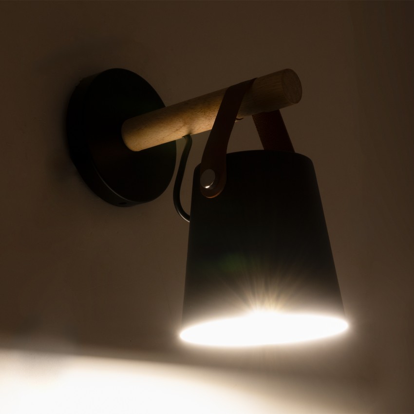 AMY  Μοντέρνο Επιτοίχιο Φωτιστικό Απλίκα Μονόφωτο 1 x E27 IP20 Μαύρο Μέταλλο, Μπεζ Ξύλο με Καφέ Δέρμα - Μ13 x Π22 x Υ25.5cm