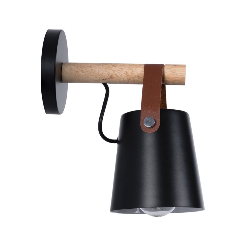 AMY  Μοντέρνο Επιτοίχιο Φωτιστικό Απλίκα Μονόφωτο 1 x E27 IP20 Μαύρο Μέταλλο, Μπεζ Ξύλο με Καφέ Δέρμα - Μ13 x Π22 x Υ25.5cm