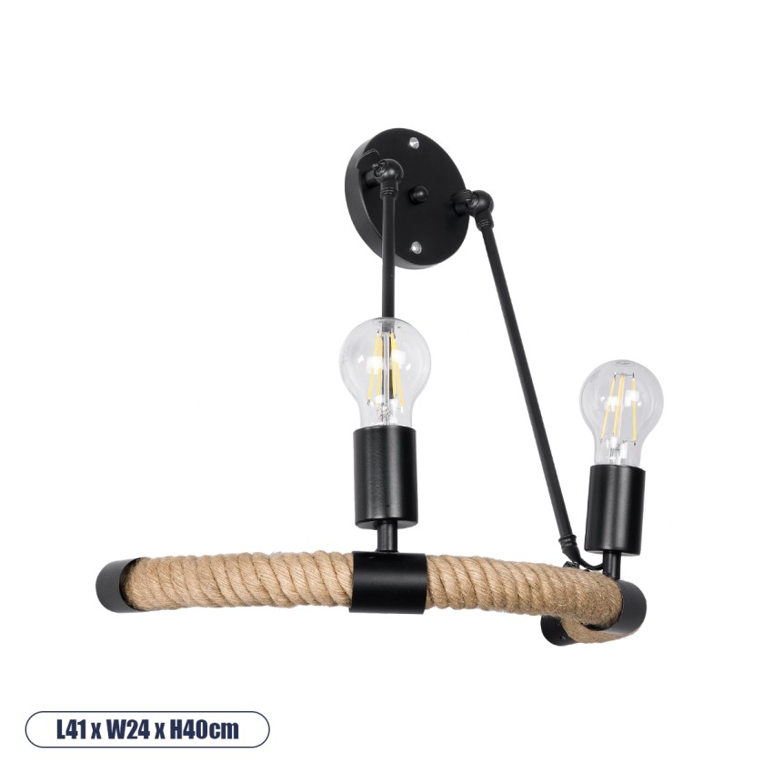 CROWN  Vintage Επιτοίχιο Φωτιστικό Απλίκα Δίφωτο 2 x E27 IP20 Μαύρο Μέταλλο με Μπεζ Σχοινί - Μ41 x Π24 x Υ40cm