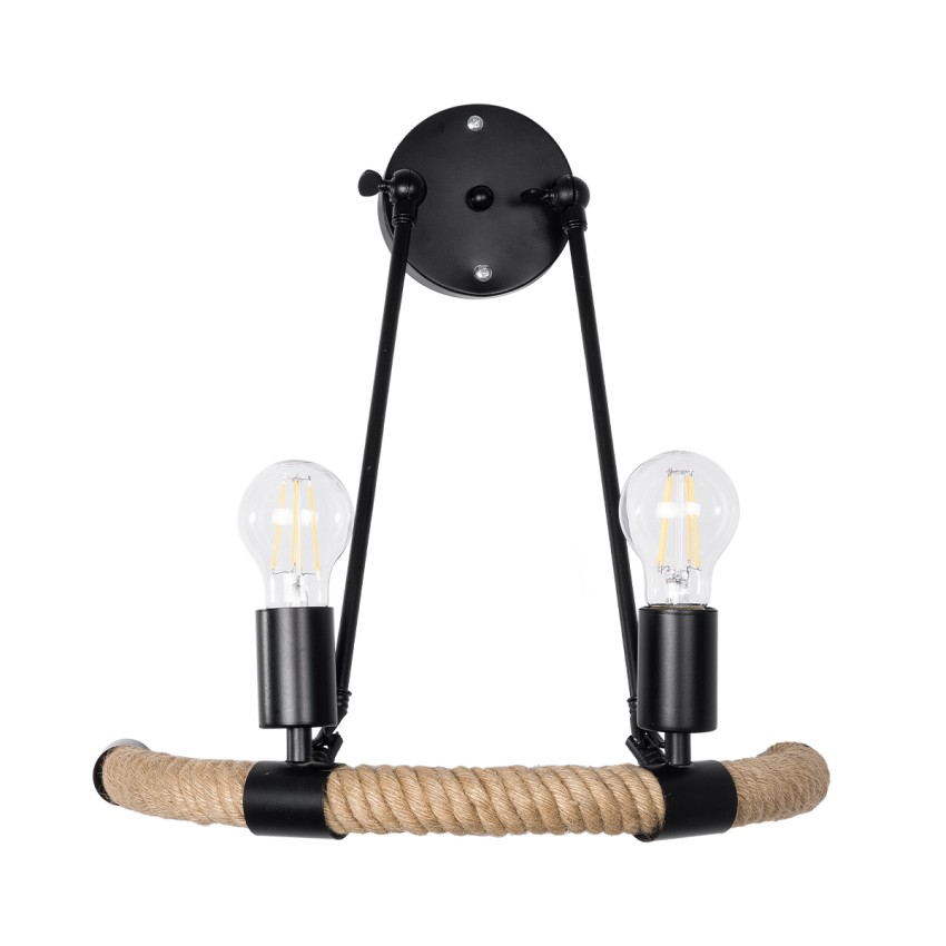 CROWN  Vintage Επιτοίχιο Φωτιστικό Απλίκα Δίφωτο 2 x E27 IP20 Μαύρο Μέταλλο με Μπεζ Σχοινί - Μ41 x Π24 x Υ40cm