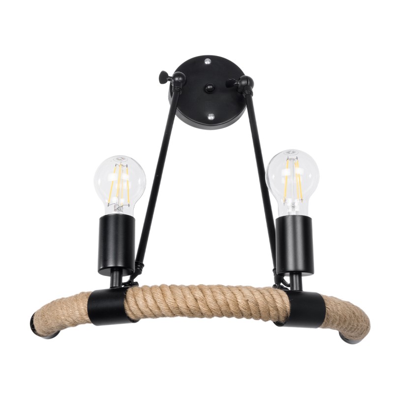 CROWN  Vintage Επιτοίχιο Φωτιστικό Απλίκα Δίφωτο 2 x E27 IP20 Μαύρο Μέταλλο με Μπεζ Σχοινί - Μ41 x Π24 x Υ40cm