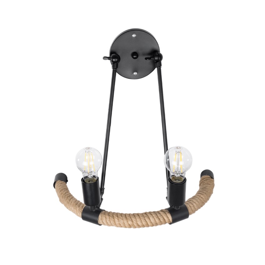 CROWN  Vintage Επιτοίχιο Φωτιστικό Απλίκα Δίφωτο 2 x E27 IP20 Μαύρο Μέταλλο με Μπεζ Σχοινί - Μ41 x Π24 x Υ40cm