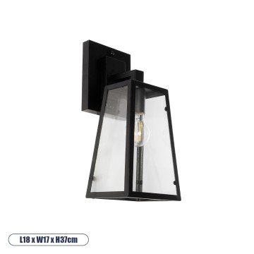 ASETYLIN  Vintage Επιτοίχιο Φωτιστικό Απλίκα Μονόφωτο 1 x E27 IP20 Μαύρο Μέταλλο με Διάφανο Γυαλί - Μ18 x Π17 x Υ37cm