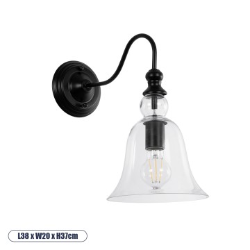 LILLY  Vintage Επιτοίχιο Φωτιστικό Απλίκα Μονόφωτο 1 x E27 IP20 Μαύρο Μέταλλο με Διάφανο Γυαλί - Μ38 x Π20 x Υ37cm