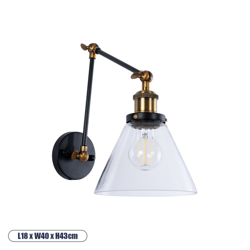 OLIVIA  Vintage Επιτοίχιο Φωτιστικό Απλίκα Μονόφωτο 1 x E27 IP20 Μαύρο & Χρυσό Μέταλλο με Διάφανο Γυαλί - Μ18 x Π40 x Υ43cm