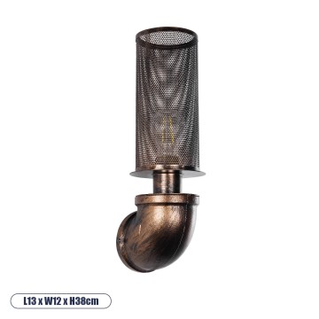 RAZA  Vintage Επιτοίχιο Φωτιστικό Απλίκα Μονόφωτο 1 x E27 IP20 Χάλκινο Μέταλλο - Μ13 x Π12 x Υ38cm