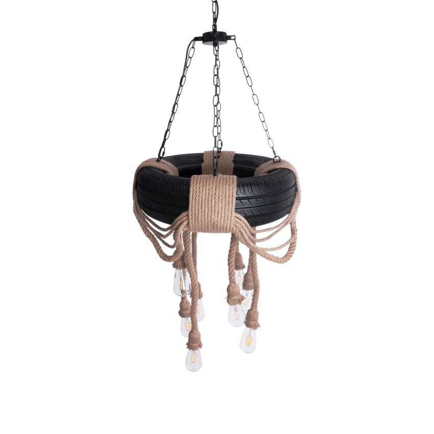 MARBELLA  Vintage Κρεμαστό Φωτιστικό Ανάρτηση Πολύφωτο 8 x E27 IP20 Μαύρο Πλαστικό με Μπεζ Σχοινί - Μ60 x Π60 x Υ60cm