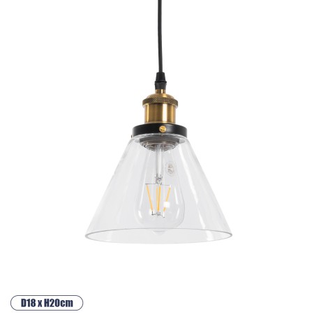 WICKHAM  Vintage Κρεμαστό Φωτιστικό Καμπάνα Μονόφωτο 1 x E27 IP20 Διάφανο Γυαλί με Μαύρο & Χρυσό Μέταλλο - Μ18 x Π18 x Y20cm