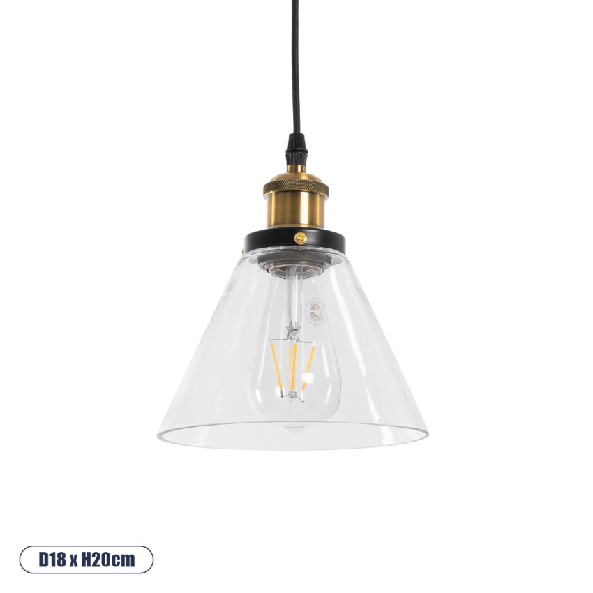 WICKHAM  Vintage Κρεμαστό Φωτιστικό Καμπάνα Μονόφωτο 1 x E27 IP20 Διάφανο Γυαλί με Μαύρο & Χρυσό Μέταλλο - Μ18 x Π18 x Y20cm