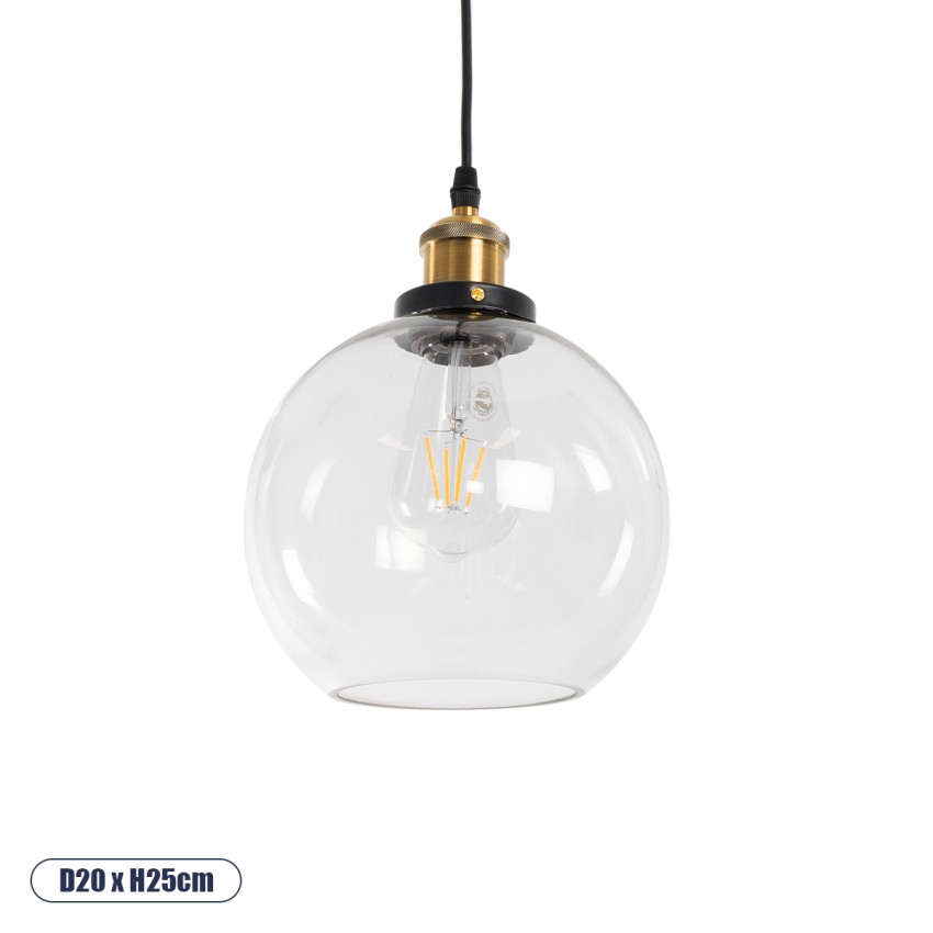 WICKHAM  Vintage Κρεμαστό Φωτιστικό Μπάλα Μονόφωτο 1 x E27 IP20 Διάφανο Γυαλί με Μαύρο & Χρυσό Μέταλλο - Μ20 x Π20 x Y25cm