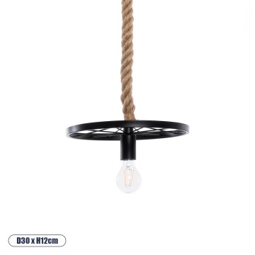 VELO  Vintage Κρεμαστό Φωτιστικό Ανάρτηση Μονόφωτο 1 x E27 IP20 Μαύρο Μέταλλο με Μπεζ Σχοινί - Μ30 x Π30 x Υ12cm