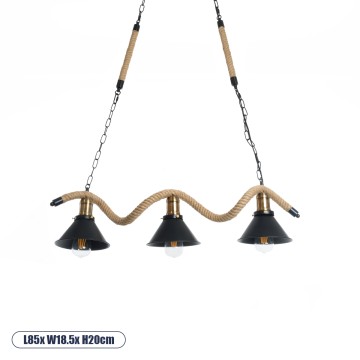 TYMEN  Vintage Κρεμαστό Φωτιστικό Καμπάνα Τρίφωτο 3 x E27 IP20 Μαύρο Μέταλλο με Μπεζ Σχοινί - Μ85 x Π18.5 x Υ20cm