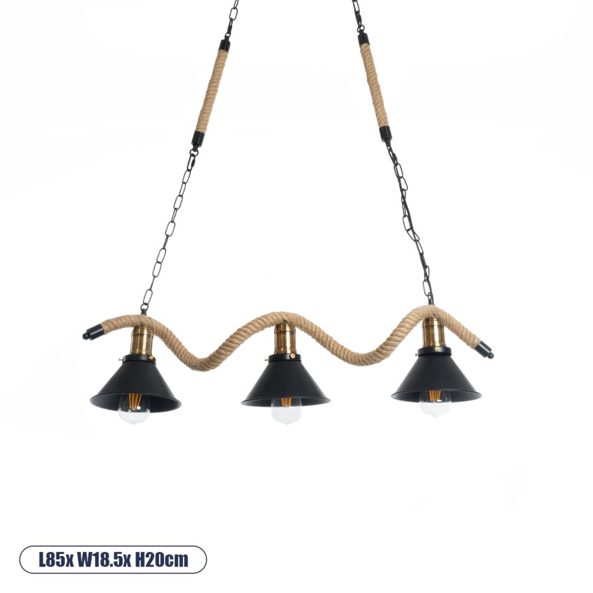 TYMEN  Vintage Κρεμαστό Φωτιστικό Καμπάνα Τρίφωτο 3 x E27 IP20 Μαύρο Μέταλλο με Μπεζ Σχοινί - Μ85 x Π18.5 x Υ20cm
