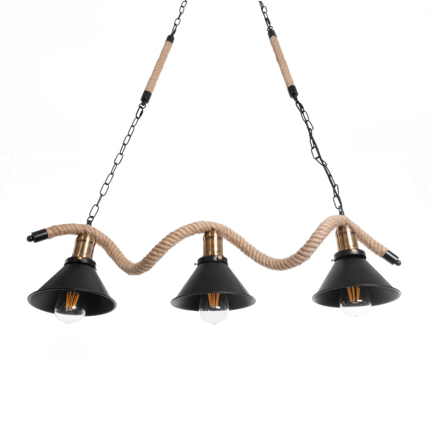 TYMEN  Vintage Κρεμαστό Φωτιστικό Καμπάνα Τρίφωτο 3 x E27 IP20 Μαύρο Μέταλλο με Μπεζ Σχοινί - Μ85 x Π18.5 x Υ20cm
