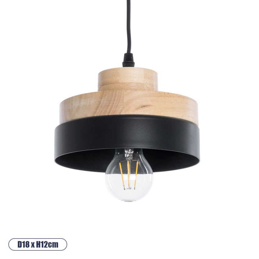 RUHIEL  Μοντέρνο Κρεμαστό Φωτιστικό Καμπάνα Μονόφωτο 1 x E27 IP20 Μαύρο Μέταλλο με Μπεζ Ξύλο - Μ18 x Π18 x Υ12cm