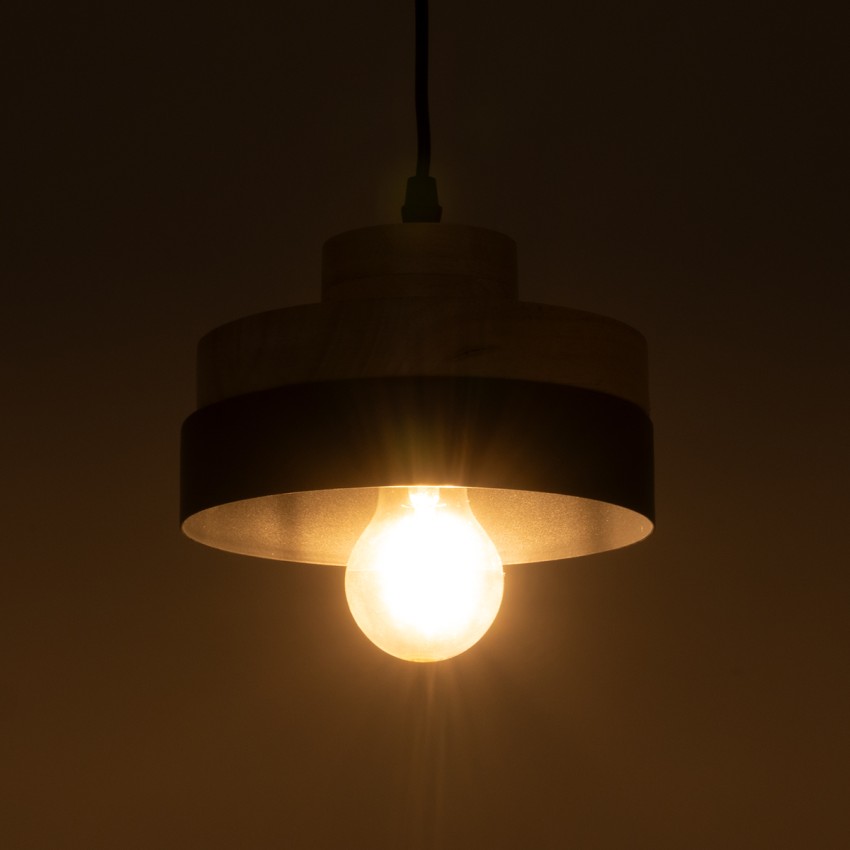 RUHIEL  Μοντέρνο Κρεμαστό Φωτιστικό Καμπάνα Μονόφωτο 1 x E27 IP20 Μαύρο Μέταλλο με Μπεζ Ξύλο - Μ18 x Π18 x Υ12cm