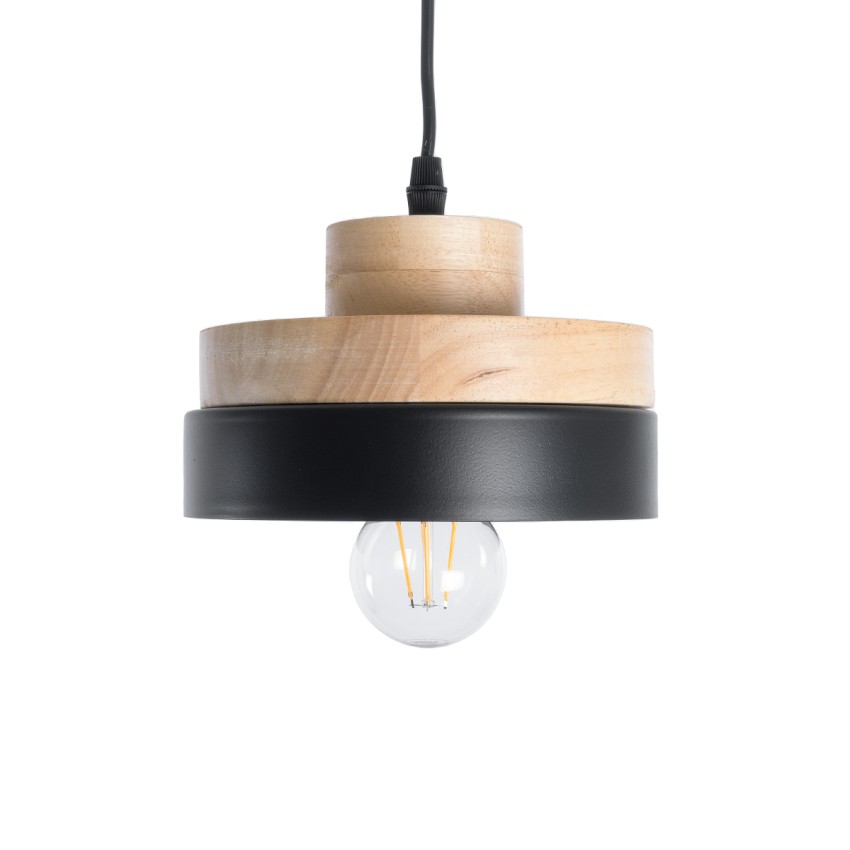 RUHIEL  Μοντέρνο Κρεμαστό Φωτιστικό Καμπάνα Μονόφωτο 1 x E27 IP20 Μαύρο Μέταλλο με Μπεζ Ξύλο - Μ18 x Π18 x Υ12cm
