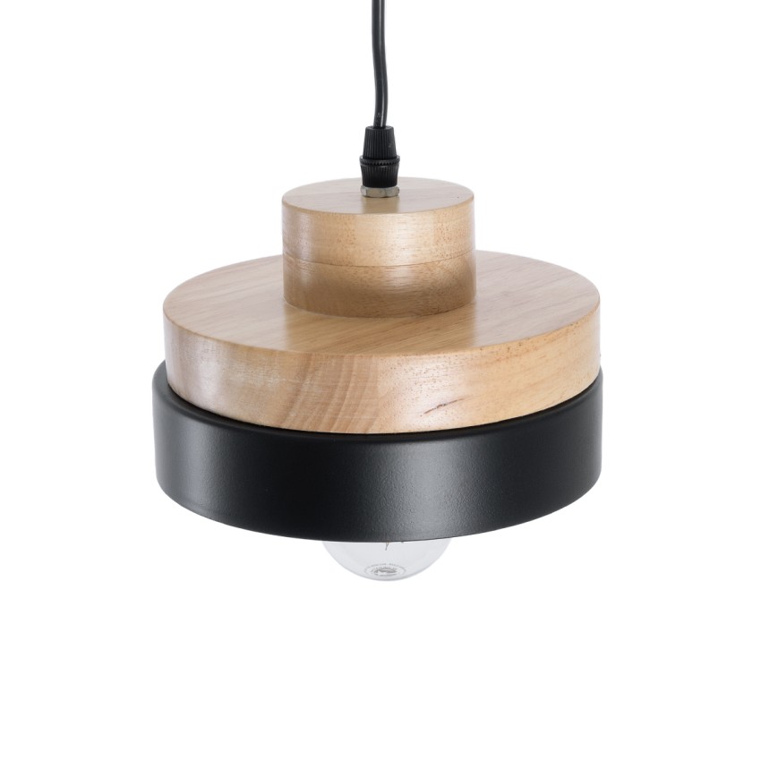 RUHIEL  Μοντέρνο Κρεμαστό Φωτιστικό Καμπάνα Μονόφωτο 1 x E27 IP20 Μαύρο Μέταλλο με Μπεζ Ξύλο - Μ18 x Π18 x Υ12cm