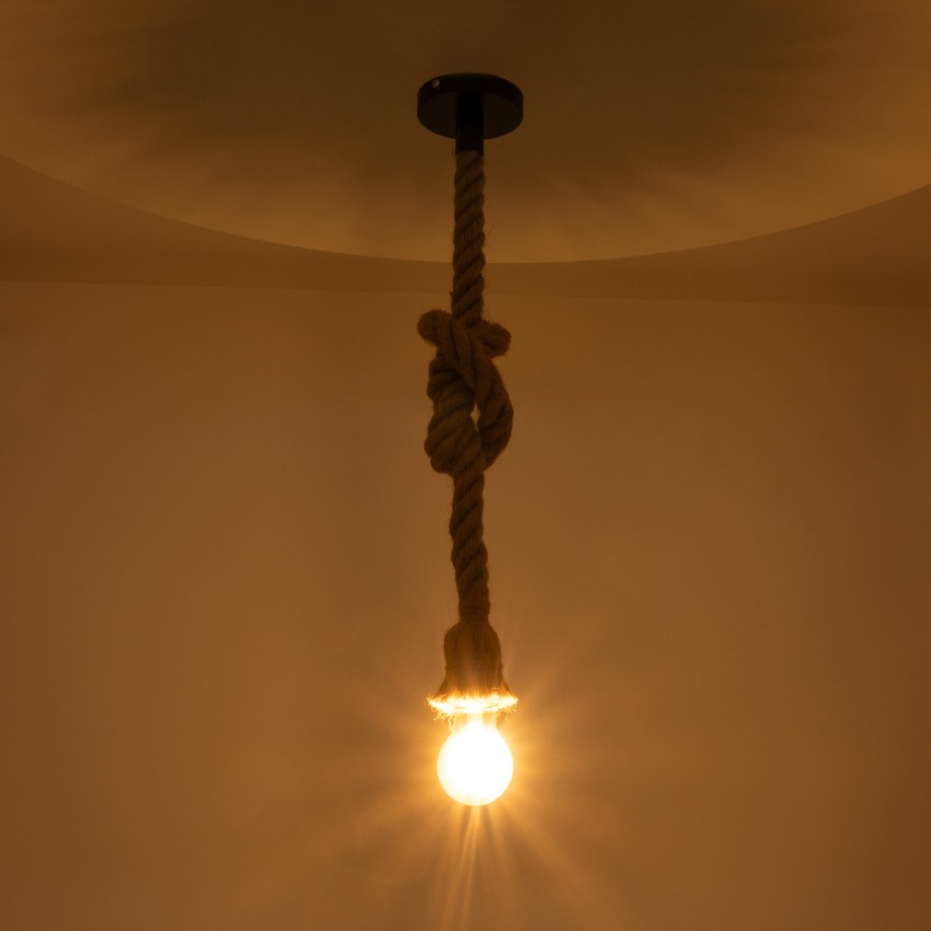 ROPE  Vintage Κρεμαστό Φωτιστικό Ανάρτηση Μονόφωτο 1 x E27 IP20 Μπεζ Σχοινί - Μ3.5 x Π3.5 x Y100cm