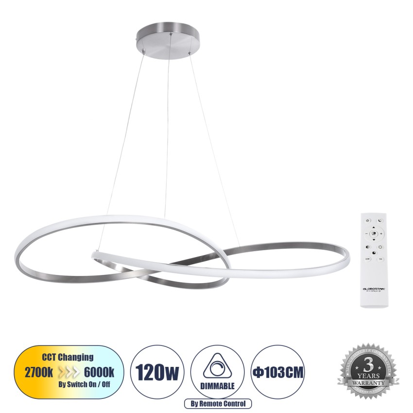 DEXTER  Κρεμαστό Φωτιστικό Οροφής Design LED CCT 120W 13440lm 300° AC 220-240V - Εναλλαγή Φωτισμού μέσω Τηλεχειριστηρίου All In One Ψυχρό 6000k+Φυσικό 4500k+Θερμό 2700k Dimmable Φ103cm - Νίκελ Βούρτσας