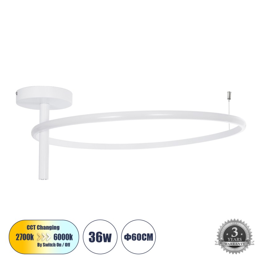 VERONA  Φωτιστικό Οροφής Δαχτυλίδι-Κύκλος LED CCT 36W 4032lm 360° AC 220-240V - Εναλλαγή Φωτισμού μέσω Διακόπτη On/Off All In One Ψυχρό 6000k+Φυσικό 4500k+Θερμό 2700K Φ60 x Υ23cm - Λευκό