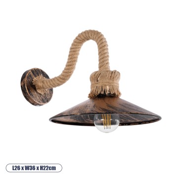 BRASTA  Vintage Επιτοίχιο Φωτιστικό Απλίκα Μονόφωτο 1 x E27 IP20 Χάλκινο Μέταλλο με Μπεζ Σχοινί - Μ26 x Π42.5 x Υ24cm