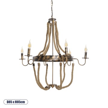 VICTORIAN  Vintage Κρεμαστό Φωτιστικό Ανάρτηση Πολύφωτο 6 x E14 IP20 Χάλκινο Μέταλλο με Μπεζ Σχοινί - Μ85 x Π85 x Y85cm