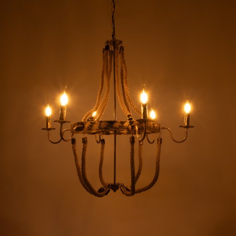 VICTORIAN  Vintage Κρεμαστό Φωτιστικό Ανάρτηση Πολύφωτο 6 x E14 IP20 Χάλκινο Μέταλλο με Μπεζ Σχοινί - Μ85 x Π85 x Y85cm