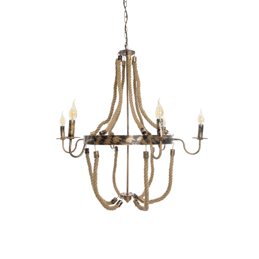 VICTORIAN  Vintage Κρεμαστό Φωτιστικό Ανάρτηση Πολύφωτο 6 x E14 IP20 Χάλκινο Μέταλλο με Μπεζ Σχοινί - Μ85 x Π85 x Y85cm