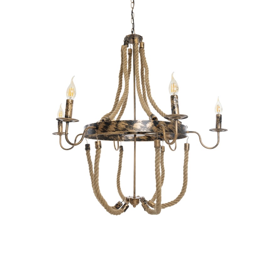 VICTORIAN  Vintage Κρεμαστό Φωτιστικό Ανάρτηση Πολύφωτο 6 x E14 IP20 Χάλκινο Μέταλλο με Μπεζ Σχοινί - Μ85 x Π85 x Y85cm