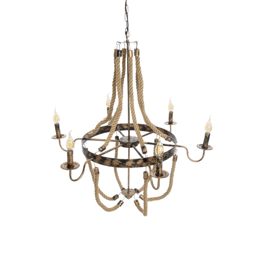 VICTORIAN  Vintage Κρεμαστό Φωτιστικό Ανάρτηση Πολύφωτο 6 x E14 IP20 Χάλκινο Μέταλλο με Μπεζ Σχοινί - Μ85 x Π85 x Y85cm