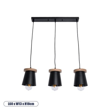 LANA  Μοντέρνο Κρεμαστό Φωτιστικό Κύλινδρος Τρίφωτο 3 x E27 IP20 Μαύρο Μέταλλο με Καρυδί Ξύλο - Μ60 x Π13 x Υ18cm
