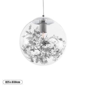 HARPER  Μοντέρνο Κρεμαστό Φωτιστικό Μπάλα Μονόφωτο 1 x E27 IP20 Διάφανο Γυαλί με Ασημί Μέταλλο - Μ25 x Π25 x Υ30cm