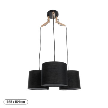 RAMSON  Μοντέρνο Κρεμαστό Φωτιστικό Καπέλο Τρίφωτο 3 x E27 IP20 Μαύρο Ύφασμα με Μπεζ Ξύλο - Μ65 x Π65 x Υ20cm