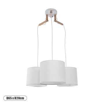 RAMSON  Μοντέρνο Κρεμαστό Φωτιστικό Καπέλο Τρίφωτο 3 x E27 IP20 Λευκό Ύφασμα με Μπεζ Ξύλο - Μ65 x Π65 x Υ20cm