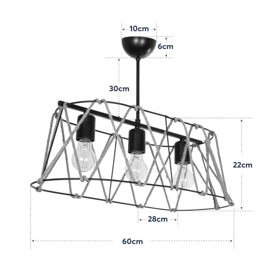 GLOBOSTAR® GATSBY  Vintage Κρεμαστό Φωτιστικό Οροφής με Ντουί 3 x E27 AC 220-240V IP20 - Μαύρο & Μπεζ - Μ60 x Π28 x Υ22cm