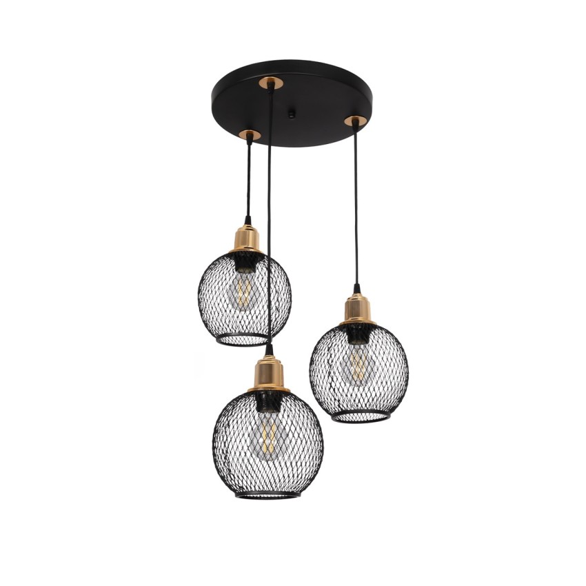 VIVIDUS  Vintage Κρεμαστό Φωτιστικό Πλέγμα Τρίφωτο 3 x E27 IP20 Μαύρο και Χρυσό Μέταλλο - Μ32 x Π32 x Υ70cm