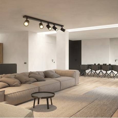 kelvo® SPOTA  Κινούμενο Φωτιστικό Σποτ Οροφής για 5 Λάμπες MR16 με Ντουί GU10 AC 220-240V IP20 - Μαύρο Ματ - Μ79.5 x Π6.3 x Υ14cm