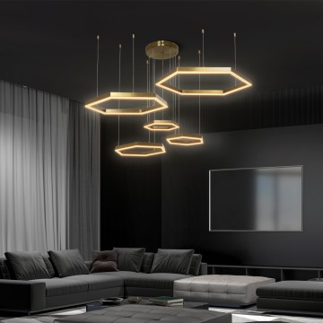 kelvo® LEXAGON  Κρεμαστό Φωτιστικό Οροφής LED 120W 12000lm 200° AC 220-240V IP20 Ρυθμιζόμενο Λευκό CCT με Χειριστήριο από 2700K έως 6000K Dimmable - Lumileds SMD Chip - Χρυσό Πλατίνα - Μ110 x Π90 x Υ110cm