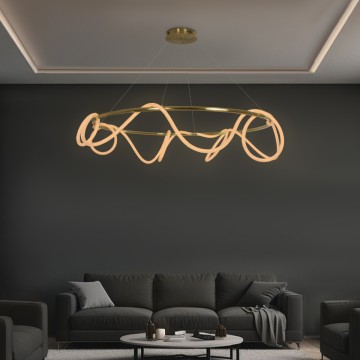 kelvo® GLOW  Κρεμαστό Φωτιστικό Οροφής LED 100W 10000lm 360° AC 220-240V IP20 Ρυθμιζόμενο Λευκό CCT με Χειριστήριο από 2700K έως 6000K Dimmable - Lumileds SMD Chip - Χρυσό Πλατίνα - Μ150 x Π150 x Υ100cm