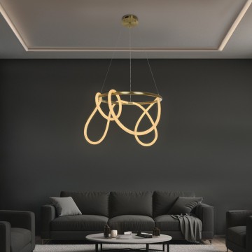 kelvo® GLOW  Κρεμαστό Φωτιστικό Οροφής LED 58W 5800lm 360° AC 220-240V IP20 Ρυθμιζόμενο Λευκό CCT με Χειριστήριο από 2700K έως 6000K Dimmable - Lumileds SMD Chip - Χρυσό Πλατίνα - Μ80 x Π80 x Υ40cm