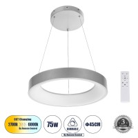GLOBOSTAR® SALEM  Μοντέρνο Κρεμαστό Φωτιστικό Οροφής LED 75W 8625lm 120° AC 220-240V IP20 Ρυθμιζόμενο Λευκό CCT με Χειριστήριο από 2700K έως 6000K Dimmable - Lumileds SMD Chip - Γκρι - Μ45 x Π45 x Υ7cm