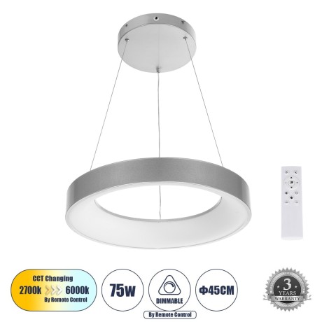 GLOBOSTAR® SALEM  Μοντέρνο Κρεμαστό Φωτιστικό Οροφής LED 75W 8625lm 120° AC 220-240V IP20 Ρυθμιζόμενο Λευκό CCT με Χειριστήριο από 2700K έως 6000K Dimmable - Lumileds SMD Chip - Γκρι - Μ45 x Π45 x Υ7cm