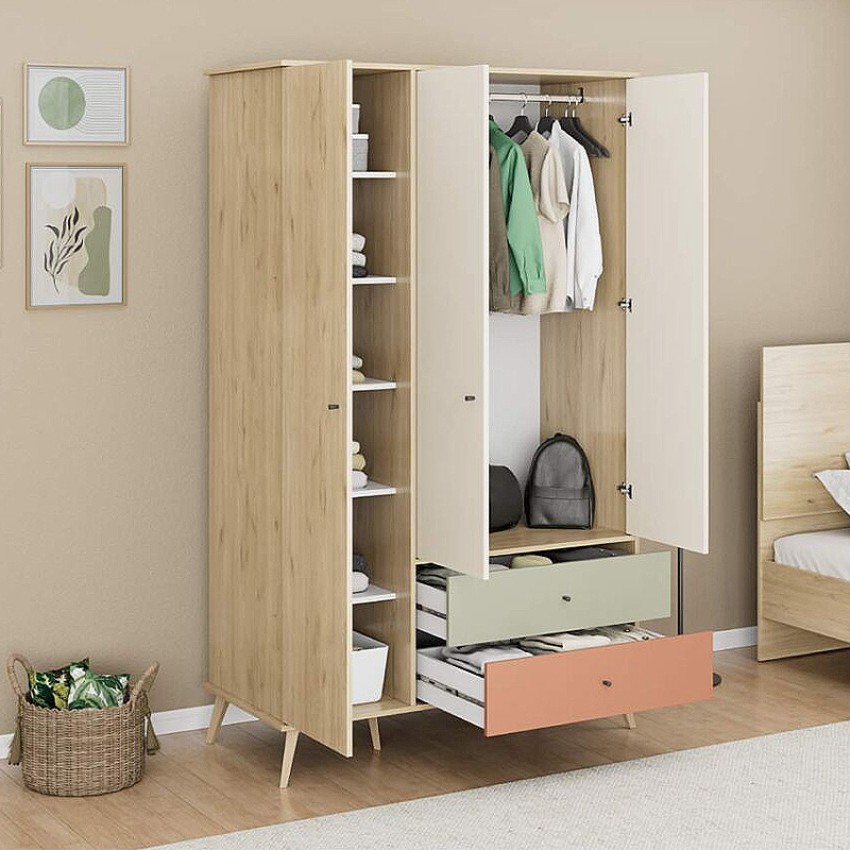 Ντουλάπα Ρούχων Terra Τρίφυλλη με 2 Συρτάρια Florida Oak 121x54x200 εκ.